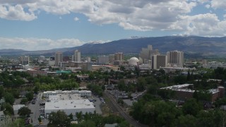 DX0001_004_034 - 5.7K aerial stock footage of a static view of the hotels and casinos in the city's skyline in Reno, Nevada