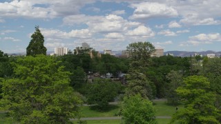 5.7K aerial stock footage of ascending from trees to reveal hotels and casinos of the city's skyline in Reno, Nevada Aerial Stock Footage | DX0001_004_050