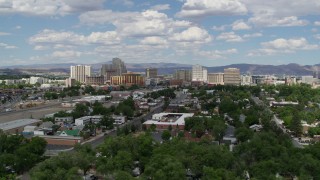 5.7K aerial stock footage of passing by the hotels and casino resorts of Reno, Nevada Aerial Stock Footage | DX0001_004_051