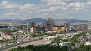 5.7K aerial stock footage of passing by a group of hotels and casino resorts in Reno, Nevada Aerial Stock Footage | DX0001_004_059