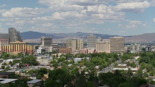 5.7K aerial stock footage of passing the casino resorts of Reno, Nevada Aerial Stock Footage | DX0001_004_060