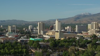 DX0001_006_003 - 5.7K aerial stock footage of a view of high-rise casino resorts in Reno, Nevada