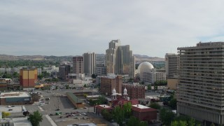 5.7K aerial stock footage approach the Silver Legacy Resort in Reno, Nevada Aerial Stock Footage | DX0001_006_029