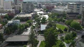 DX0001_006_035 - 5.7K aerial stock footage of a bird's eye view of the Truckee River, and reveal Wingfield Park in Reno, Nevada