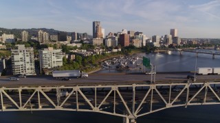 4K aerial stock footage tracking light traffic on upper deck of Marquam Bridge, I-5, Downtown Portland, Oregon Aerial Stock Footage | DX0001_010_034