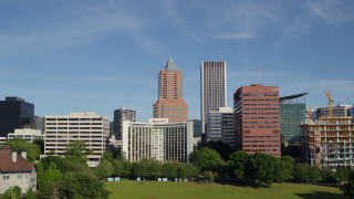 5.7K aerial stock footage flying away from Marriott, KOIN Center and Umpqua Bank Plaza, Downtown Portland, Oregon Aerial Stock Footage | DX0001_011_018