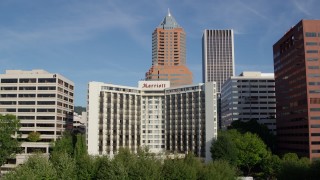 DX0001_011_019 - 5.7K aerial stock footage approaching Portland Marriott Downtown Waterfront hotel with KOIN Center behind it, Downtown Portland, Oregon