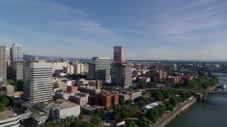 5.7K aerial stock footage of office buildings along Willamette River, Downtown Portland, Oregon Aerial Stock Footage | DX0001_011_028