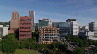 5.7K aerial stock footage view of new construction near the Umpqua Bank Plaza in Downtown Portland, Oregon Aerial Stock Footage | DX0001_011_034