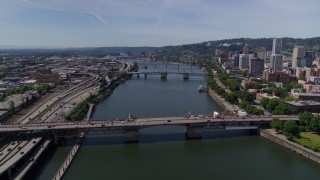 DX0001_012_013 - 5.7K aerial stock footage approach of downtown bridges spanning Willamette River, Downtown Portland, Oregon