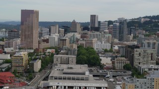 5.7K aerial stock footage of US Bankcorp Tower seen from the Peal District, sunset, Downtown Portland, Oregon Aerial Stock Footage | DX0001_013_015