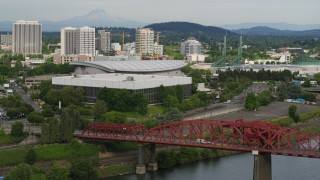 5.7K aerial stock footage approach bridge and arenas, sunset, Northeast Portland, Oregon Aerial Stock Footage | DX0001_013_019