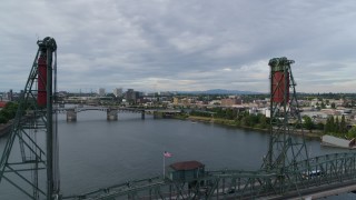 5.7K aerial stock footage flying over the Hawthorne Bridge and Willamette River, sunset, Southeast Portland, Oregon Aerial Stock Footage | DX0001_014_001