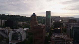 DX0001_014_005 - 5.7K aerial stock footage of office buildings and skyscrapers, sunset, Downtown Portland, Oregon