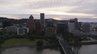 5.7K aerial stock footage of a wide view of the Downtown Portland skyline at sunset, Oregon Aerial Stock Footage | DX0001_014_013