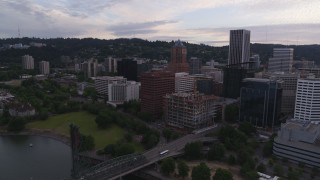 5.7K aerial stock footage approaching office buildings and KOIN Center, twilight, Downtown Portland, Oregon Aerial Stock Footage | DX0001_014_021