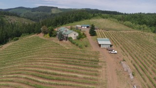 5.7K aerial stock footage of hilltop buildings and grapevines at Phelps Creek Vineyards in Hood River, Oregon Aerial Stock Footage | DX0001_017_033