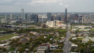 5.7K aerial stock footage slow pass and reverse view of Congress Avenue leading to city's skyline in Downtown Austin, Texas Aerial Stock Footage | DX0002_103_024