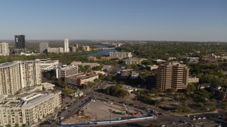 5.7K aerial stock footage orbit intersection between hotel and an office building, Austin, Texas Aerial Stock Footage | DX0002_109_026