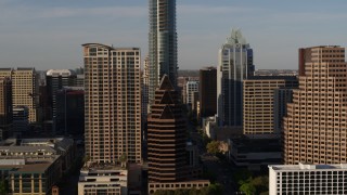 5.7K aerial stock footage of downtown skyscrapers seen during descent in Downtown Austin, Texas Aerial Stock Footage | DX0002_109_032