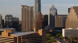 5.7K aerial stock footage of downtown skyscrapers seen during ascent in Downtown Austin, Texas Aerial Stock Footage | DX0002_109_040