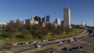 5.7K aerial stock footage low altitude view of the Tennessee State Capitol and Tennessee Tower in Downtown Nashville, Tennessee Aerial Stock Footage | DX0002_114_001