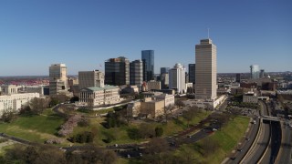 DX0002_114_002 - 5.7K aerial stock footage of the Tennessee State Capitol, Tennessee Tower near skyscrapers in Downtown Nashville, Tennessee