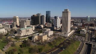 5.7K aerial stock footage wide orbit of the Tennessee State Capitol, Tennessee Tower near skyscrapers in Downtown Nashville, Tennessee Aerial Stock Footage | DX0002_114_003