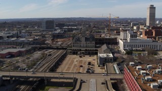 5.7K aerial stock footage of Union Station Hotel during descent in Downtown Nashville, Tennessee Aerial Stock Footage | DX0002_118_017