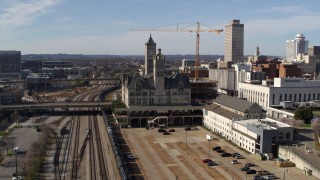 5.7K aerial stock footage orbit and approach Union Station Hotel in Downtown Nashville, Tennessee Aerial Stock Footage | DX0002_118_018