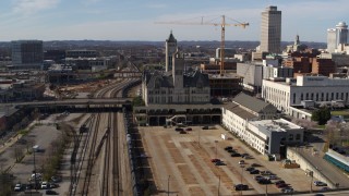 5.7K aerial stock footage of a reverse view of Union Station Hotel in Downtown Nashville, Tennessee Aerial Stock Footage | DX0002_118_019