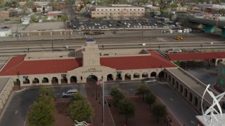 5.7K aerial stock footage of orbiting the Albuquerque train station, Downtown Albuquerque, New Mexico Aerial Stock Footage | DX0002_127_017