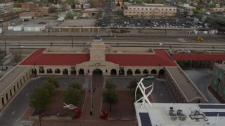 5.7K aerial stock footage of the entrance of the Albuquerque train station, Downtown Albuquerque, New Mexico Aerial Stock Footage | DX0002_127_021