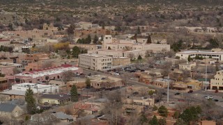 5.7K aerial stock footage reverse view of state government buildings in the city's downtown area, Santa Fe, New Mexico Aerial Stock Footage | DX0002_129_037