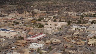 DX0002_130_003 - 5.7K aerial stock footage ascend for view of Bataan Memorial Building near capitol, Santa Fe, New Mexico