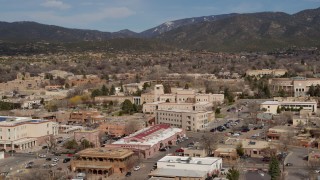 DX0002_130_005 - 5.7K aerial stock footage approach Bataan Memorial Building near capitol, Santa Fe, New Mexico