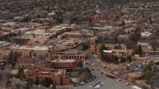 5.7K aerial stock footage of an orbit of two hotels and a cathedral in Santa Fe, New Mexico Aerial Stock Footage | DX0002_130_030