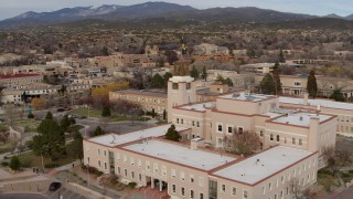 5.7K aerial stock footage of a reverse view of the Bataan Memorial Building in Santa Fe, New Mexico Aerial Stock Footage | DX0002_131_004