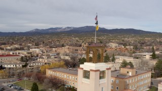 5.7K aerial stock footage flyby downtown to reveal Bataan Memorial Building, Santa Fe, New Mexico Aerial Stock Footage | DX0002_131_019