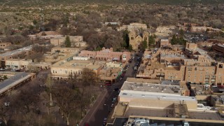 5.7K aerial stock footage flyby Santa Fe Plaza to approach the cathedral in Santa Fe, New Mexico Aerial Stock Footage | DX0002_131_028