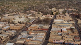 DX0002_131_033 - 5.7K aerial stock footage wide orbit of Santa Fe Plaza near the cathedral in Santa Fe, New Mexico