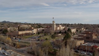 5.7K aerial stock footage orbit the front of the Bataan Memorial Building before ascending, Santa Fe, New Mexico Aerial Stock Footage | DX0002_131_035