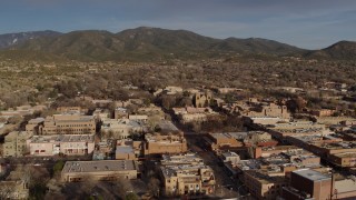 5.7K aerial stock footage slowly passing by downtown buildings around Santa Fe Plaza, Santa Fe, New Mexico Aerial Stock Footage | DX0002_132_008