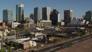 5.7K aerial stock footage a reverse view of the city's high-rise office buildings in Downtown Phoenix, Arizona Aerial Stock Footage | DX0002_138_015