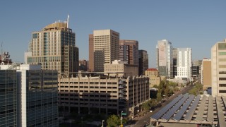 5.7K aerial stock footage approach high-rise office buildings, reveal county office building in Downtown Phoenix, Arizona Aerial Stock Footage | DX0002_142_039