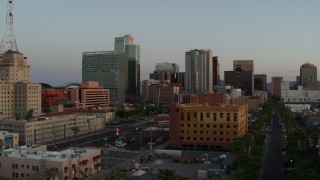 5.7K aerial stock footage of tall office towers at sunset, Downtown Phoenix, Arizona Aerial Stock Footage | DX0002_143_044