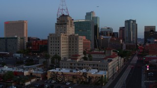 5.7K aerial stock footage orbit Westward Ho building at twilight, Downtown Phoenix, Arizona Aerial Stock Footage | DX0002_143_055