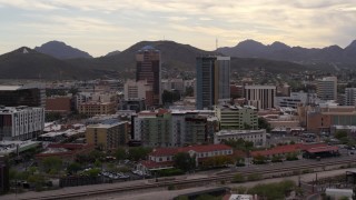 5.7K aerial stock footage of orbiting office towers with Sentinel Peak in the background, Downtown Tucson, Arizona Aerial Stock Footage | DX0002_145_032