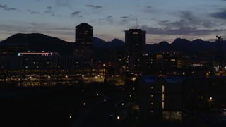 5.7K aerial stock footage approach and flyby two towering office buildings at twilight, Downtown Tucson, Arizona Aerial Stock Footage | DX0002_147_039