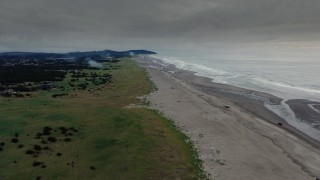 DX0002_148_035 - 4K aerial stock footage approach and flyby the beach as fireworks go off at sunset in Long Beach, Washington